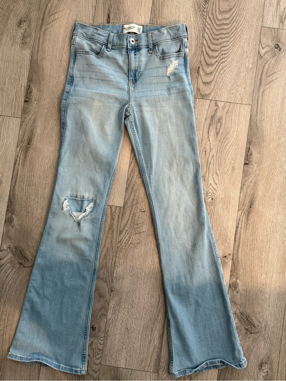 Abercrombie Kids Light Blue Girls High Rise Flare- Distressed Stretch Denim